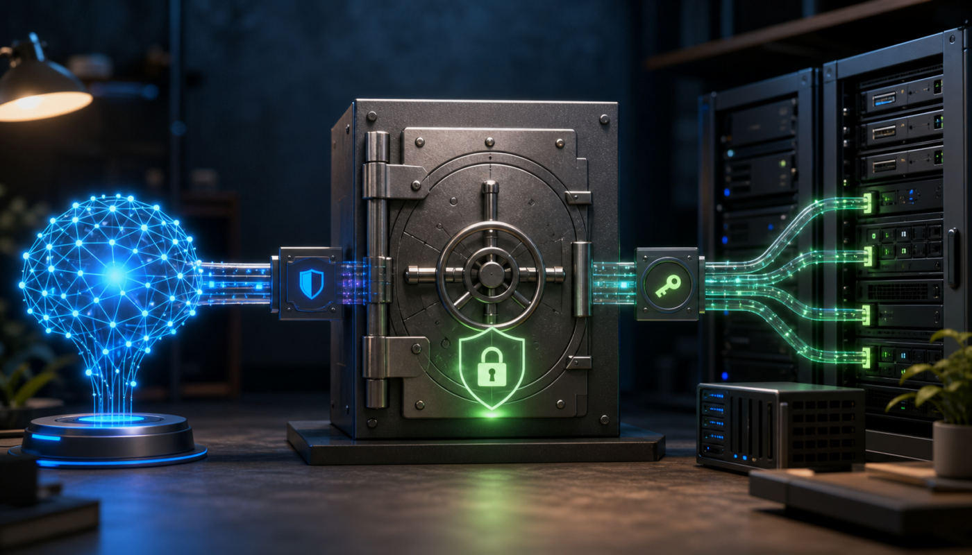 AI assistant connected through a secure vault to homelab servers using scoped read-only automation access.